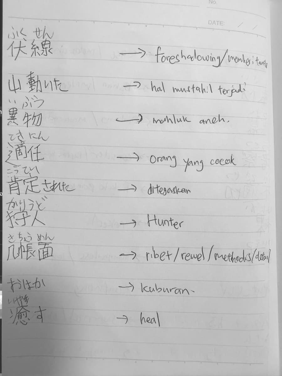Handwritten notebook page: Japanese words with furigana and mixed English / Indonesian meanings